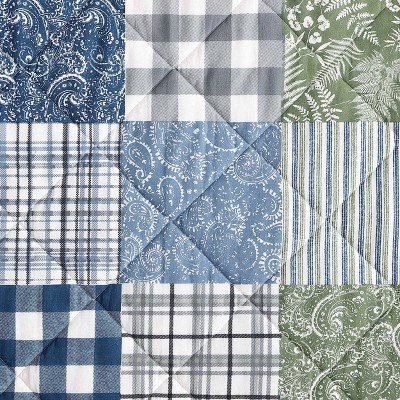Blue Cotton Twin Reversible Patchwork Quilt Set