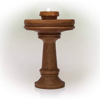 29" Resin Outdoor 2-Tier Traditional Birdbath Water Fountain with LED Lights Brown - Alpine Corporation