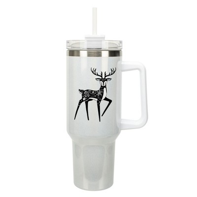 Elanze Designs 40 Ounce Travel Tumbler With Straw and Lid Stainless Steel Double Wall Insulated Graceful Forest Deer White Glitter