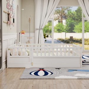 Floor Bed with High Fence and Door For Kids, Safe Montessori Design Bed with Guardrails,, Bed with Pine Wood Construction-Baofuwish - 1 of 4