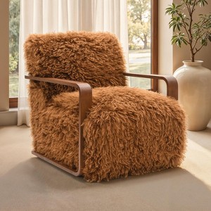 Sapphtopaz Modern Faux Fur Accent Chair with Curve Wooden Arms Upholstered Comfy Reading Chair Ultra Soft Armchair for Living Room, Bedroom - 1 of 4