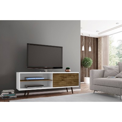 White and Rustic Brown Mid-Century Modern TV Stand with Cabinet