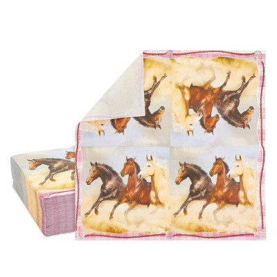 Blue Panda 100 Pack Pink Horse Disposable Luncheon Paper Napkins, Cowgirl Birthday Party Supplies, 6.5 in