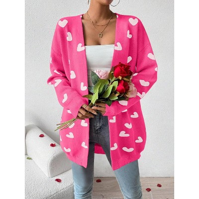 Heart Cardigan Sweater for Women Oversized Valentine Cardigan Cute Love Print Open Front Knit Sweaters Coat with Pockets