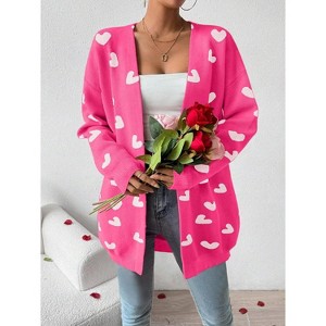 Heart Cardigan Sweater for Women Oversized Valentine Cardigan Cute Love Print Open Front Knit Sweaters Coat with Pockets - 1 of 4