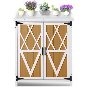 Waterproof Outdoor Storage Cabinet, Wooden Potting Bench Table with 2 Removable Shelves, Galvanized Metal Tabletop, Garden Work Station for Backyard, - 1 of 4