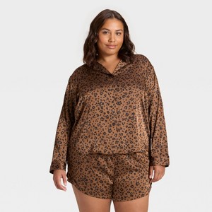 Women's Satin Notch Collar Long Sleeve Shirt and Shorts Pajama Set - Auden™ - 1 of 3