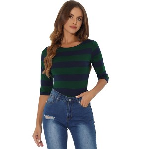 INSPIRE CHIC Women's Stripes Casual Basic Elbow Sleeves Boat Neck Slim Fit T-Shirts - 1 of 4