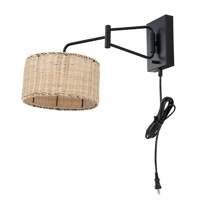 Black Iron Wall Sconce with Natural Rattan Shade, Set of 2