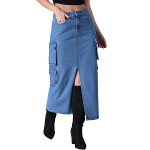 INSPIRE CHIC Women's Side Split Button Front Elastic Waist Flap Pockets Cargo Maxi Denim Skirt - 1 of 4