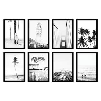 Black and White Cali Coast by Tanya Shumkina - coastal 8 Piece Black Framed Art Set - Americanflat