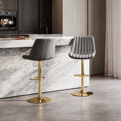 Adjustable Grey Vegan Leather Swivel Bar Stools with Gold Base - Set of 2