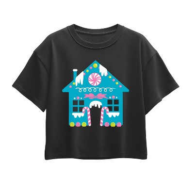Girls' - Instant Message - Cute Gingerbread House Short Sleeve Boxy Graphic T-Shirt