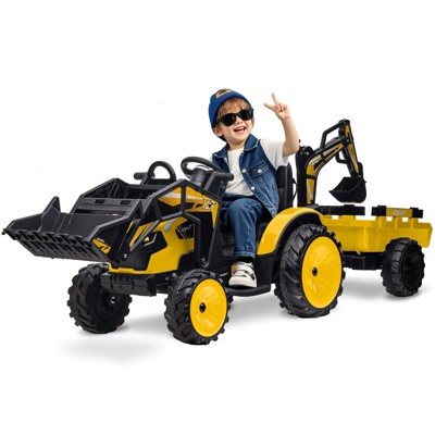 3-in-1 24V Ride On Tractor for Kids, Electric Excavator, Bulldozer, Trailer, Remote Control, LED Lights, Music, USB