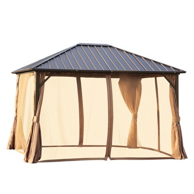 Outsunny 10' x 12' Outdoor Hardtop Gazebo Steel Roof Patio Gazebo with Aluminum Frame Mesh Nettings Curtains & Roomy Interior Space Brown