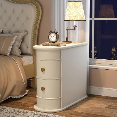 Off-White Round Wood Nightstand with Gold Handles and Storage