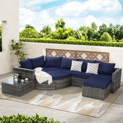 Outdoor 8-Piece Sectional Sofa Set, Free Combination Wicker Conversation Set with Glass Coffee Table, Sofa with Foam Cushions-Coolbibila