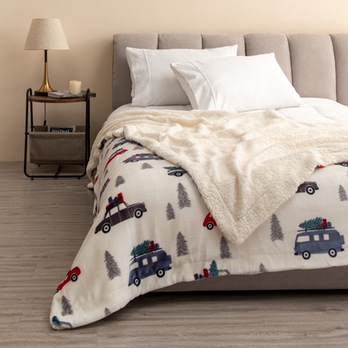 Great Bay Home Velvet Plush Fleece Reversible Warm And Cozy Bed Blanket ( full / Queen, Trees & Trucks) : Target