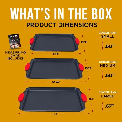 3-Piece Non-Stick Carbon Steel Baking Sheet Pan Set with Red Silicone Handles