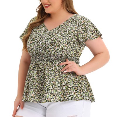 Agnes Orinda Women's Plus Size Peplum Flare Sleeve Casual V Neck Smocked Waist Floral Blouses