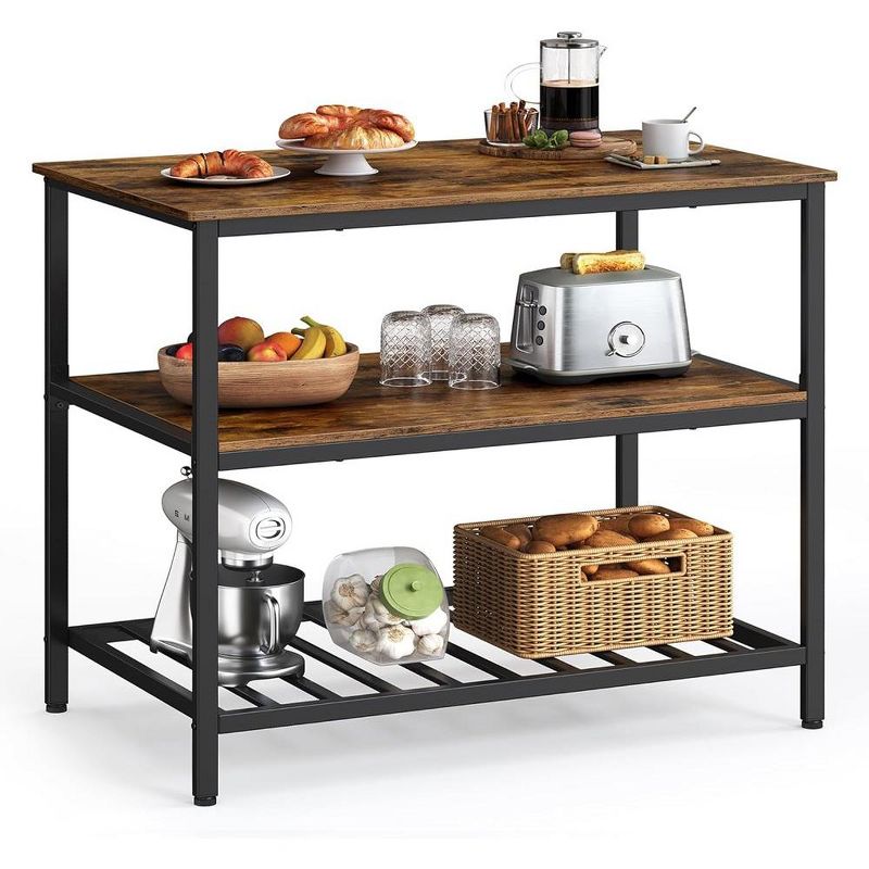 VASAGLE 3 Tier Kitchen Island, 39.4 Inches Kitchen Shelf with Large Worktop, Industrial, Rustic Brown and Black, 1 of 8