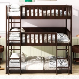 RISOKEYS Twin Size Triple Rubber Wood Bunk Bed - Detachable Triple Twin Bunk Bed with Two Built-in Ladders and Guardrails - 1 of 4