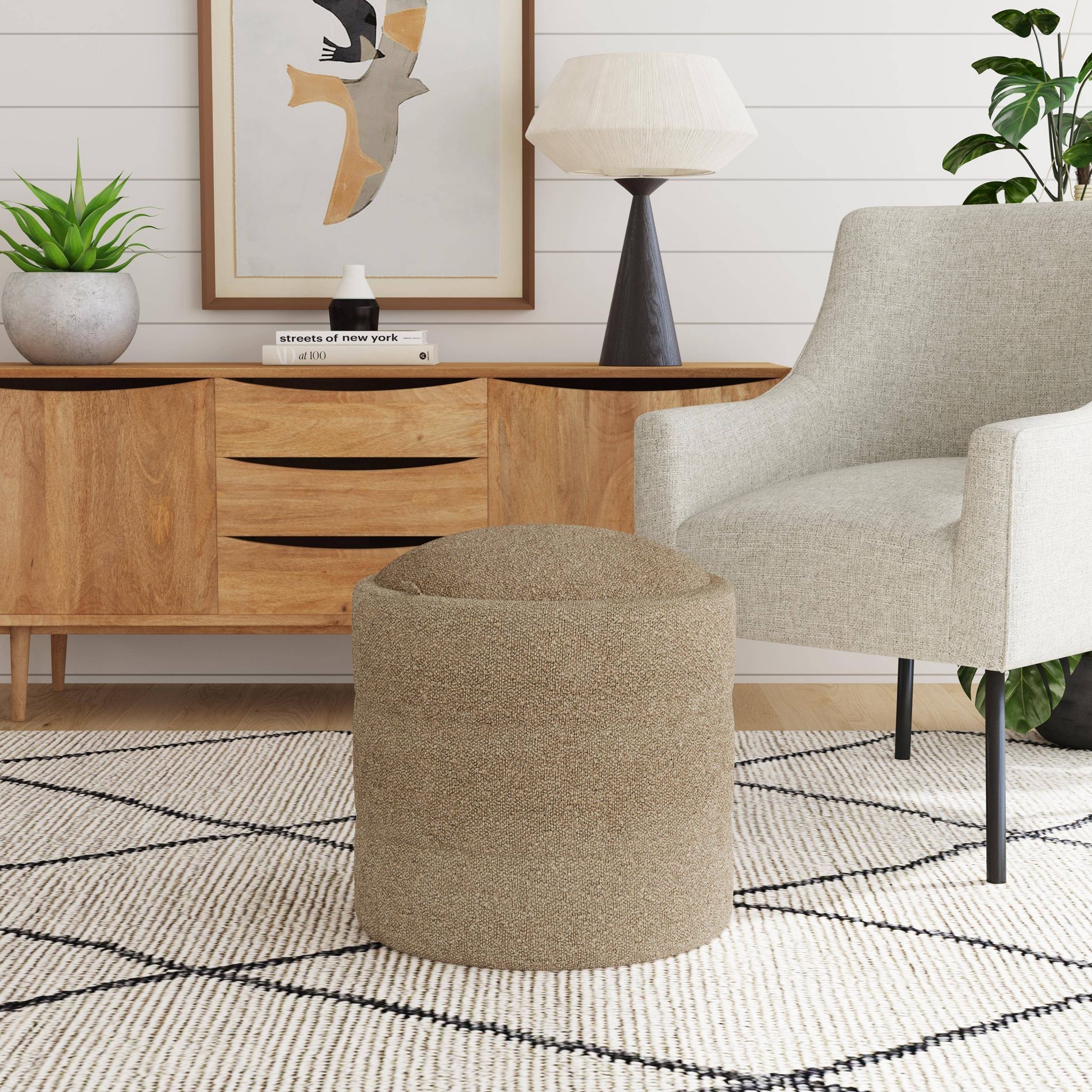 Storage Round Ottoman Brown Boucle - HomePop: Upholstered Vanity Stool, Footrest with MDF Frame