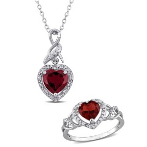 EVERLY JEWELRY | 3 1/3 CT TGW Heart-Cut Garnet and 1/7 CT TDW Diamond Halo Pendant with Chain and Ring Set in Sterling Silver - 1 of 4