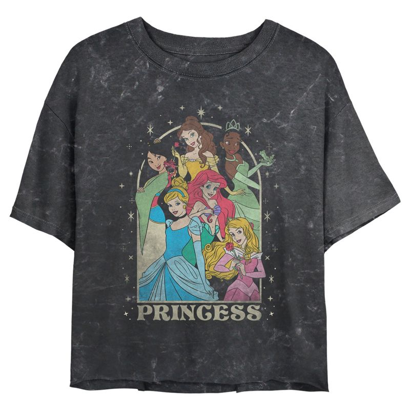 Juniors Womens Disney Princess Arch Mineral Wash Crop T-Shirt, 1 of 5