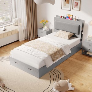 Twin Size Bed Frame, Wooden Platform Bed Frame with 2-Tier Storage Headboard and 2 Drawers, Twin Size Bed Frame with Wooden Slat Support, Light Grey - 1 of 4