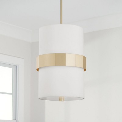 Elegant Transitional Soft Gold Pendant with White Fabric Shade