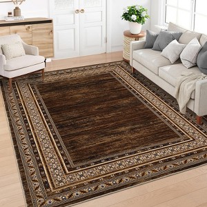 Washable Area Rug, Brown Floor Cover, Non Slip Foldable Thin Rug Distressed Geometric Bordered Carpet Kitchen Rug for Living Room Bedroom - 1 of 4