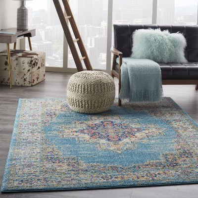 Light Blue Geometric Synthetic Medium Round Rug