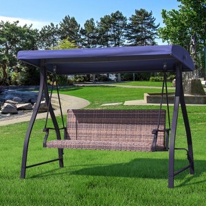 Aoodor 3-Seat Outdoor Rattan Patio Swing with Adjustable Dark Blue Canopy, Built-in Quick-Drying Foam Seat, Rattan Wicker, Rust-Resistant Iron Frame - 1 of 4