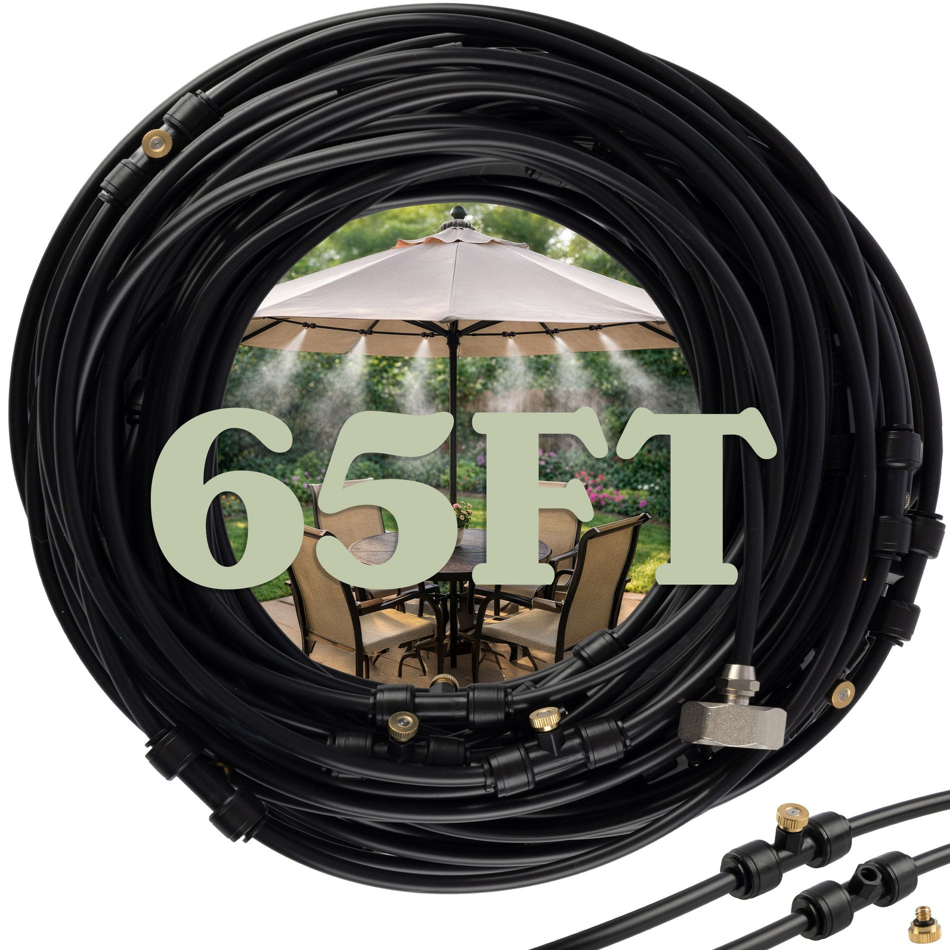 Water Mister Outdoor Patio Cooling System with 65ft Tubing, 20 Mist Nozzles, and 3/4” Standard Connector - DIY Plant Mister by Pure Garden