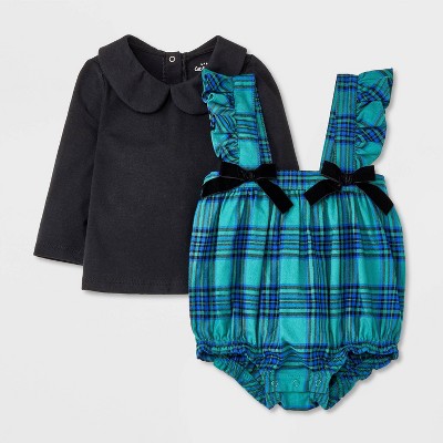 Image of Baby Girls' Flannel Romper Set - Cat & Jack™ Green Newborn