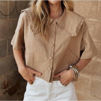 Women's Linen Collared Short Sleeve Shirt - MIOU MUSE
