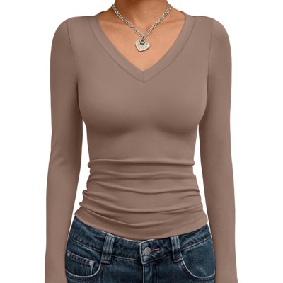 Fashion V Neck Slim Fitted Long Sleeve Crop Tops Y2K Basics Outfits Clothes Women's 2025 Fall