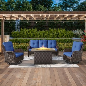 POCASSY 4-piece outdoor furniture set with fire pit table, brown wicker outdoor living set with patio sectional sofa, swivel chair - 1 of 4