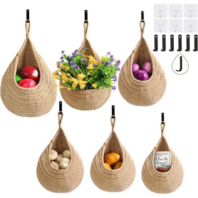 6 Pack Boho Wall Hanging Basket, Handwoven Wall Fruits Basket for Garlic Potato Vegetable Onion Storage