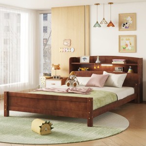 Full Size Platform Bed with Bookcase Headboard, Bed with LED Motion Sensor Light and Safety Guardrails, Slatted Pine Wood Frame Bed-Baofuwish - 1 of 4
