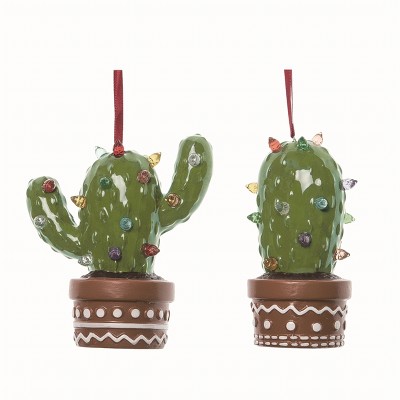 Transpac Ceramic Cactus Light Up Ornament Set of 2 for Christmas Home Decorations and Tree Ornaments
