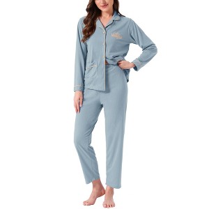INSPIRE CHIC Women's Lounge Set Cotton Ribbed Button Up Long Sleeve Pants Pattern with Pocket Pajama Set Loungewear - 1 of 4