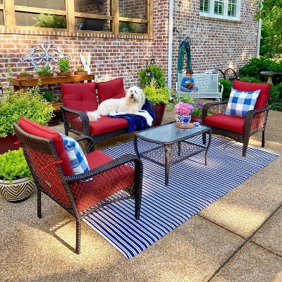 4pc Outdoor Conversation Set with Loveseat, Chairs & Coffee Table - Captiva Designs: Rattan Sofa, Powder-Coated Steel Frame