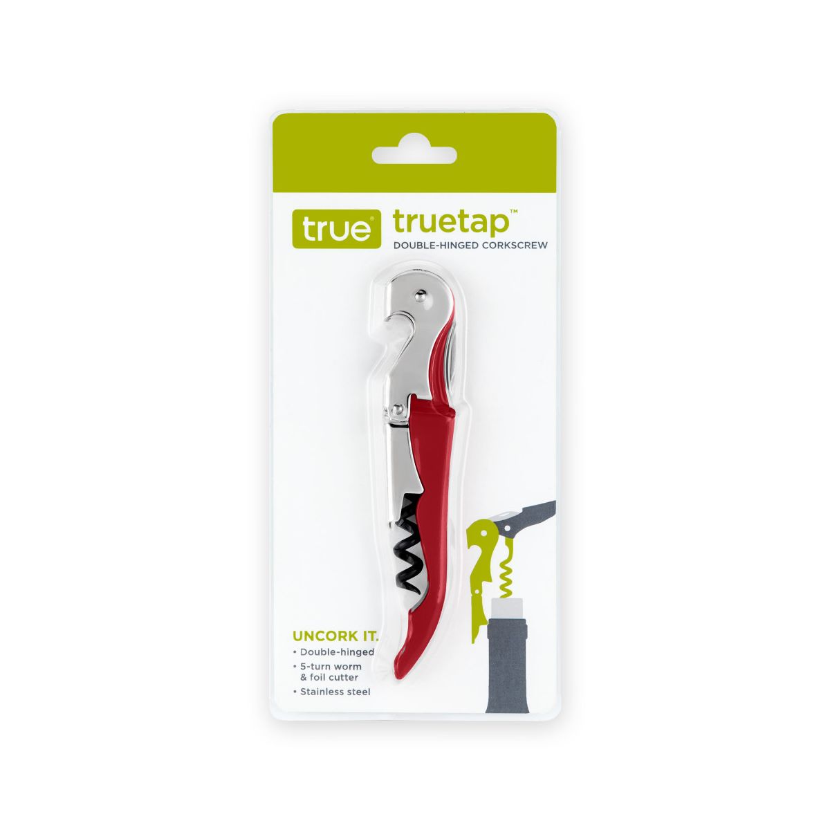 True Truetap Double Hinged Corkscrew Wine Opener, Stainless Steel Wine Key, Built-in Bottle Opener & Foil Cutter, Home Bar Gifts, Travel, Metallic Red - thumbnail 7