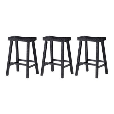 Maven Lane Vincent Backless Rectangular Saddle Kitchen Stool with Rustic Wood Top Seat, Set of 3