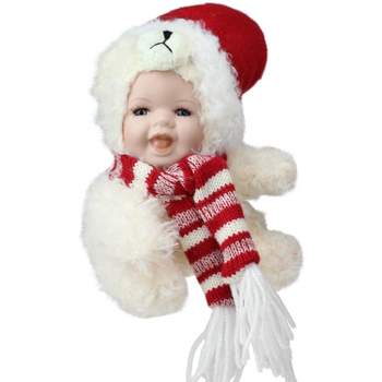 Northlight 5.75" White and Red Baby in Polar Bear Costume with Santa Hat Collectible Christmas Doll