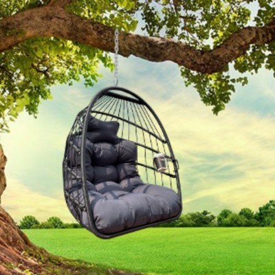 Outdoor Garden Wicker Rattan Hammock Egg Chair,Patio Hanging Chair with Cushion,Bedroom Living room Swing Hammock without Stand-Coolbibila