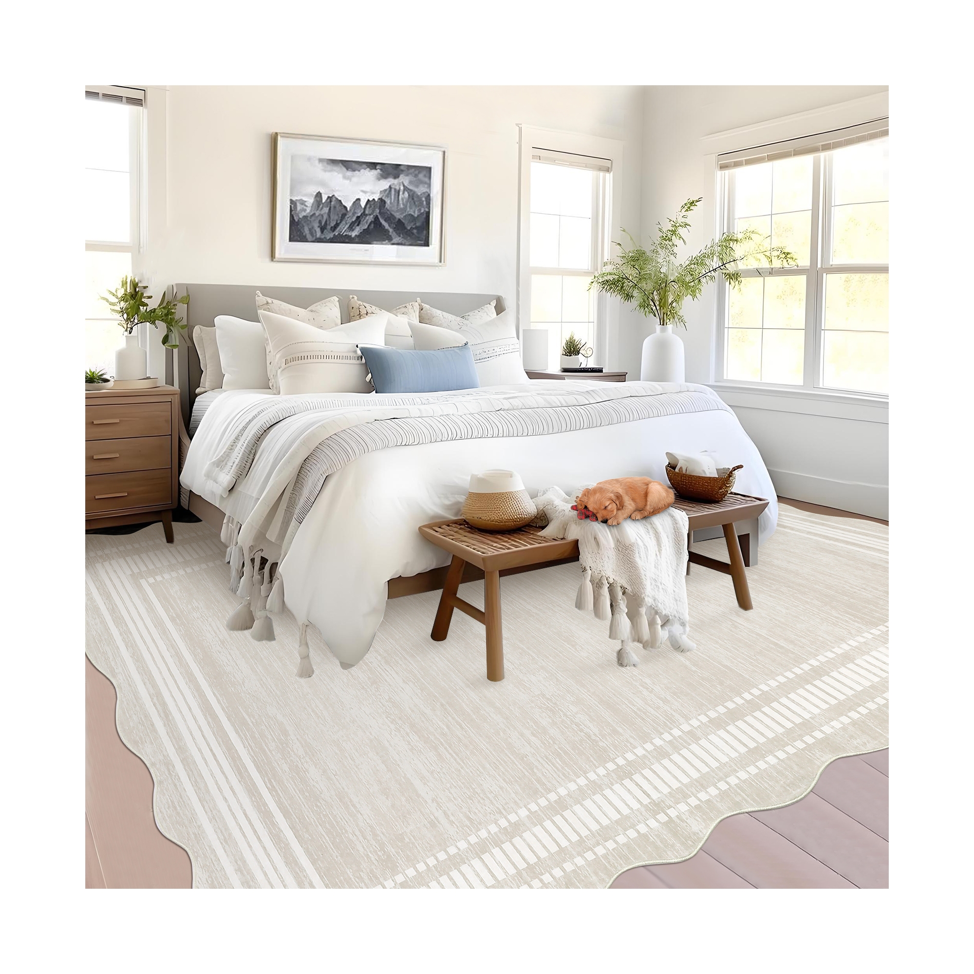 COZONY 8x10 Living Room Rug, Washable Scalloped Area Rug, Non-Slip Large Neutral Carpet, Soft Faux Wool Low Pile Rug for Bedroom, High Traffic Areas