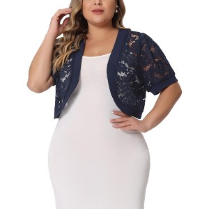 Agnes Orinda Women's Plus Size Short Sleeve Sheer Floral Lace Open Front Cropped Cardigans - 1 of 4